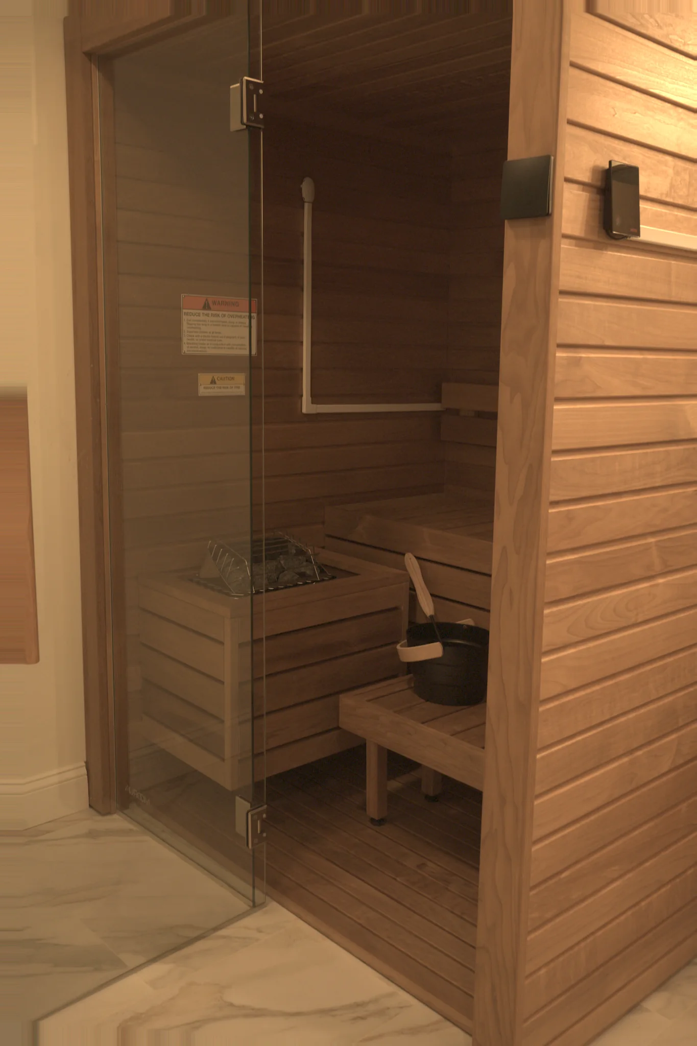 Custom basement sauna with glass entry door